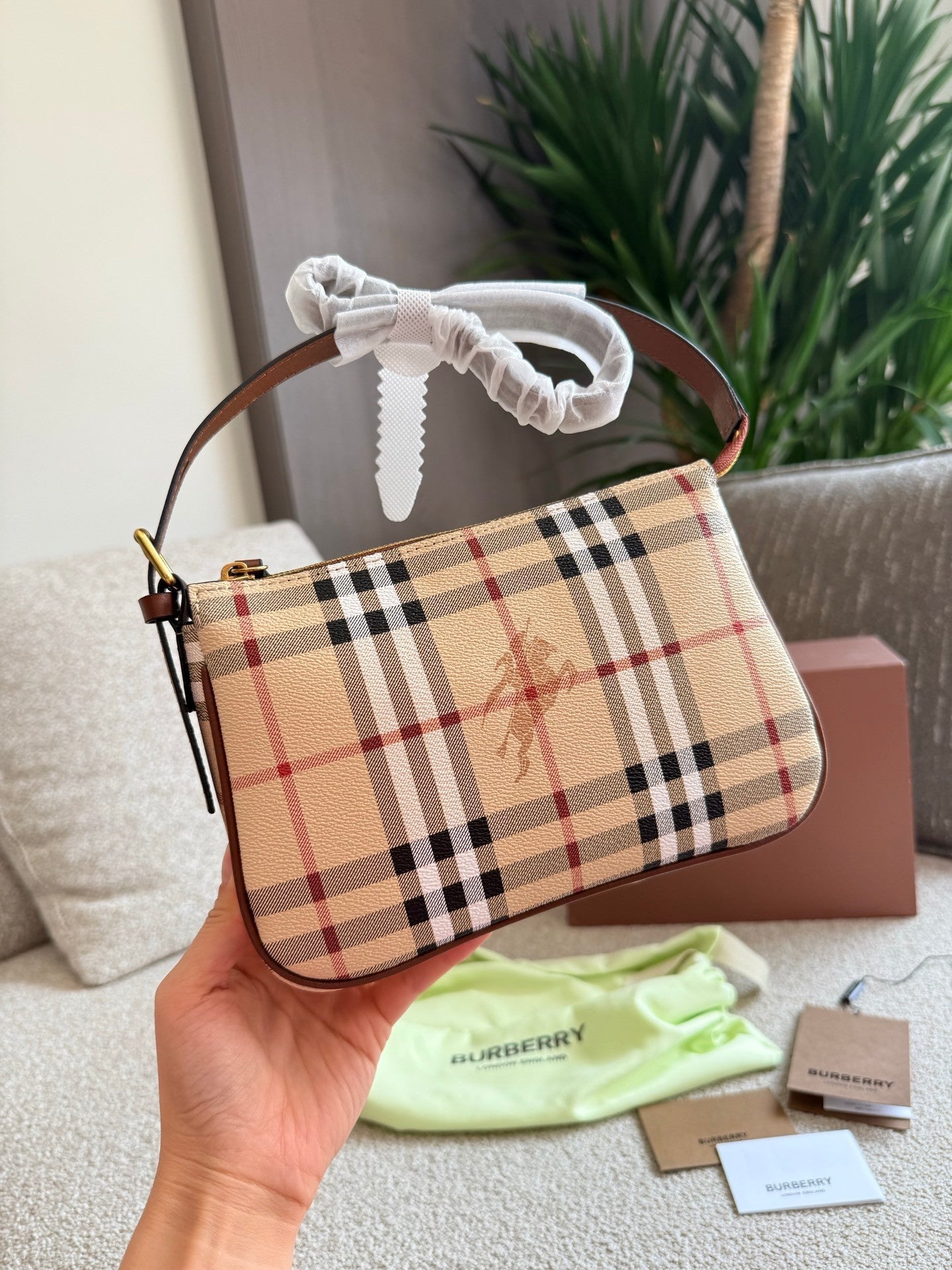Checkered Canvas and Leather  Trimmed Hand  carry bag