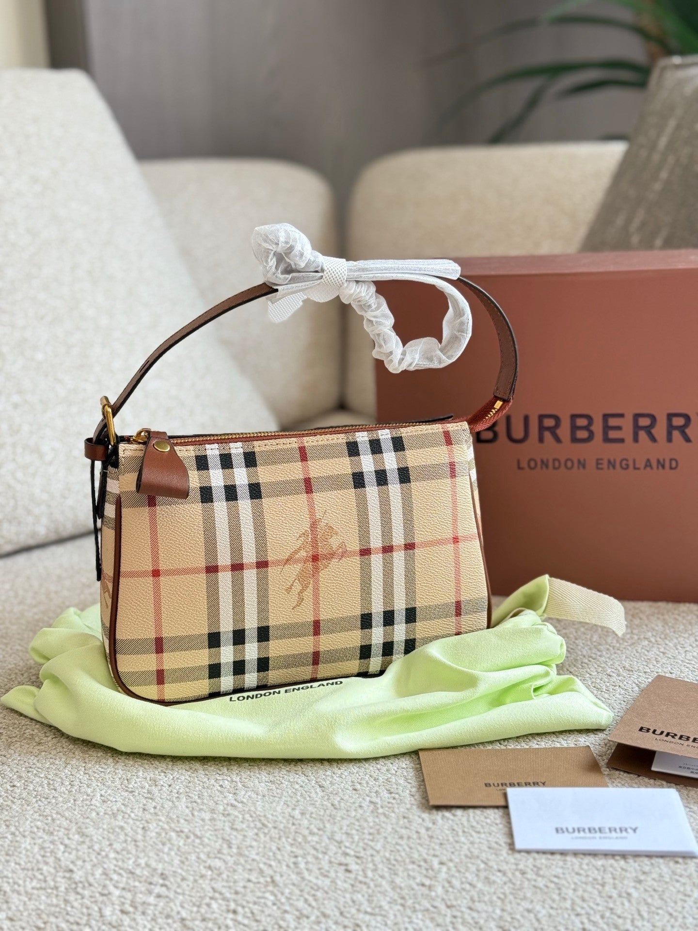 Checkered Canvas and Leather  Trimmed Hand  carry bag