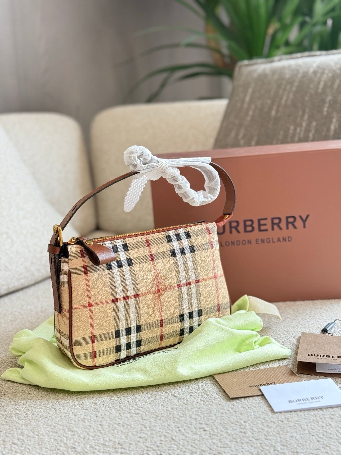 Checkered Canvas and Leather  Trimmed Hand  carry bag