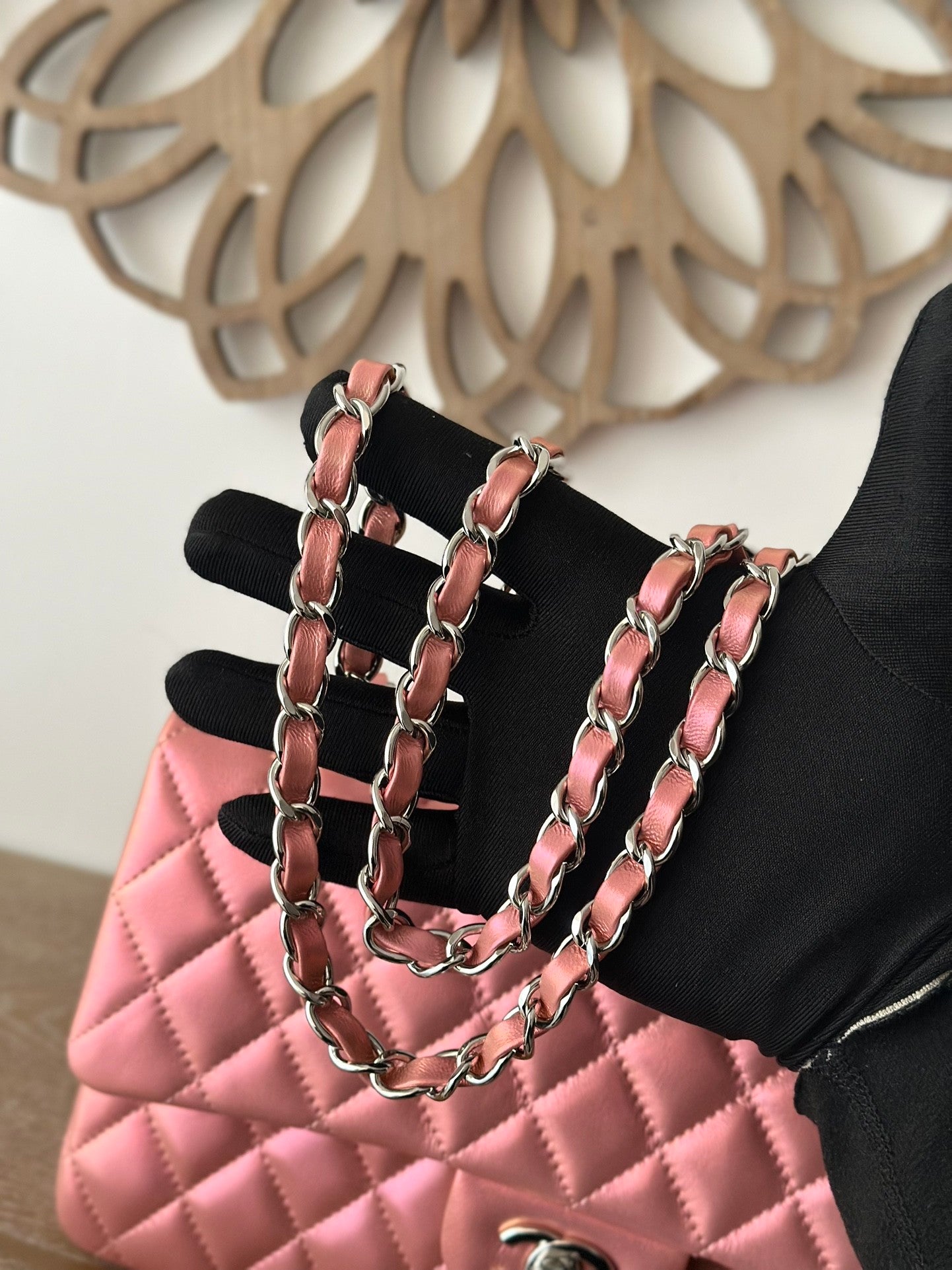 The classic Iridescent Powder  Chain Flap Bag in new pearlescent colors