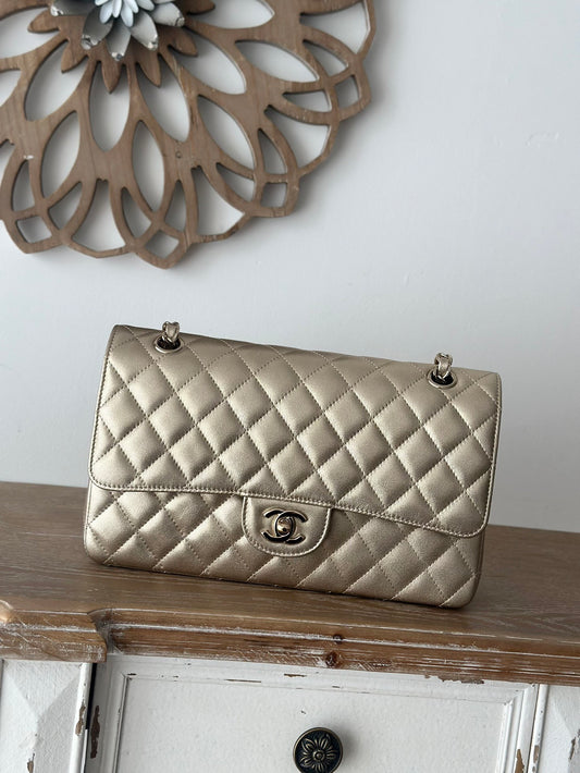The classic Champagne Gold Chain Flap Bag in new pearlescent colors