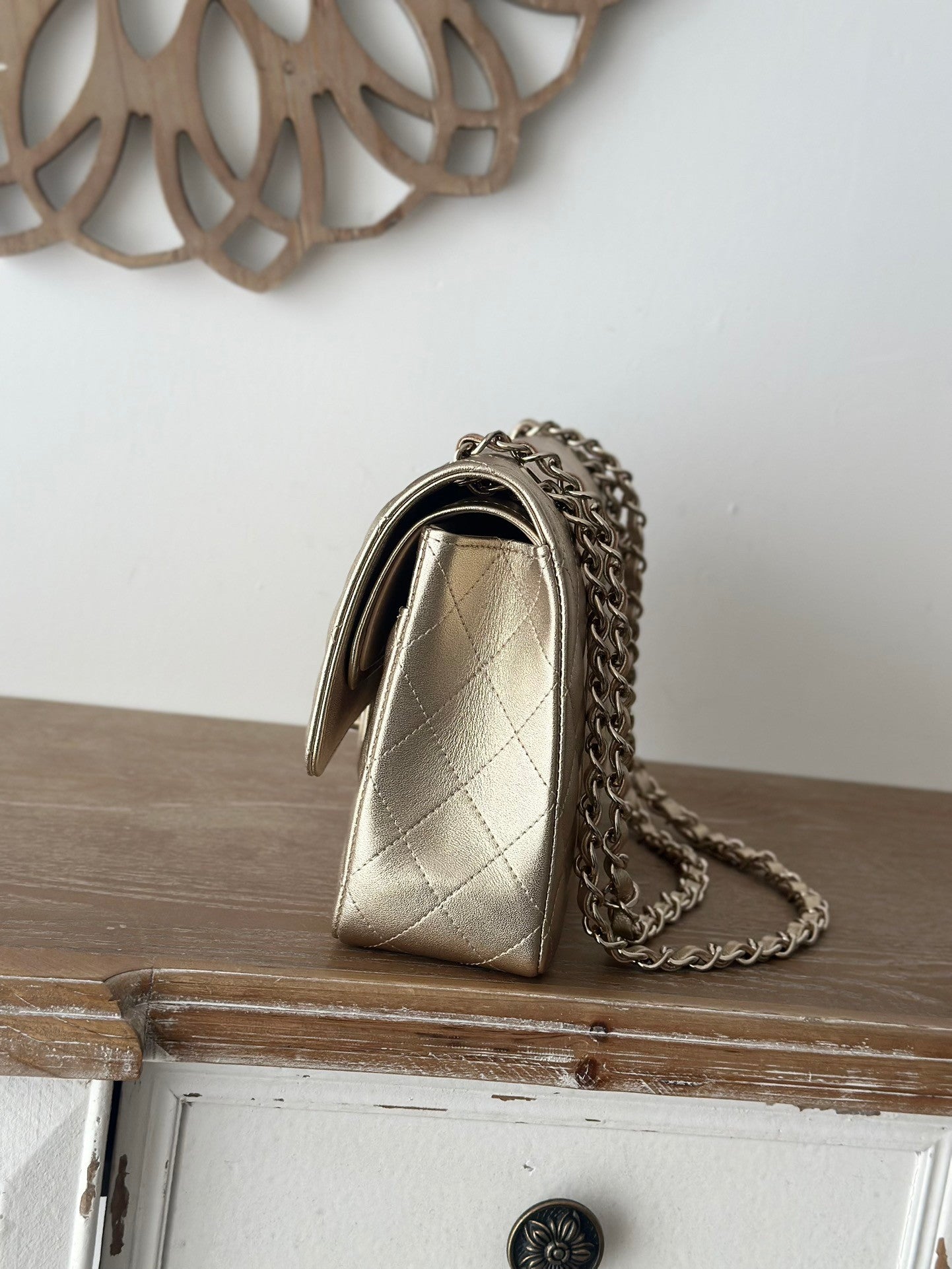 The classic Champagne Gold Chain Flap Bag in new pearlescent colors