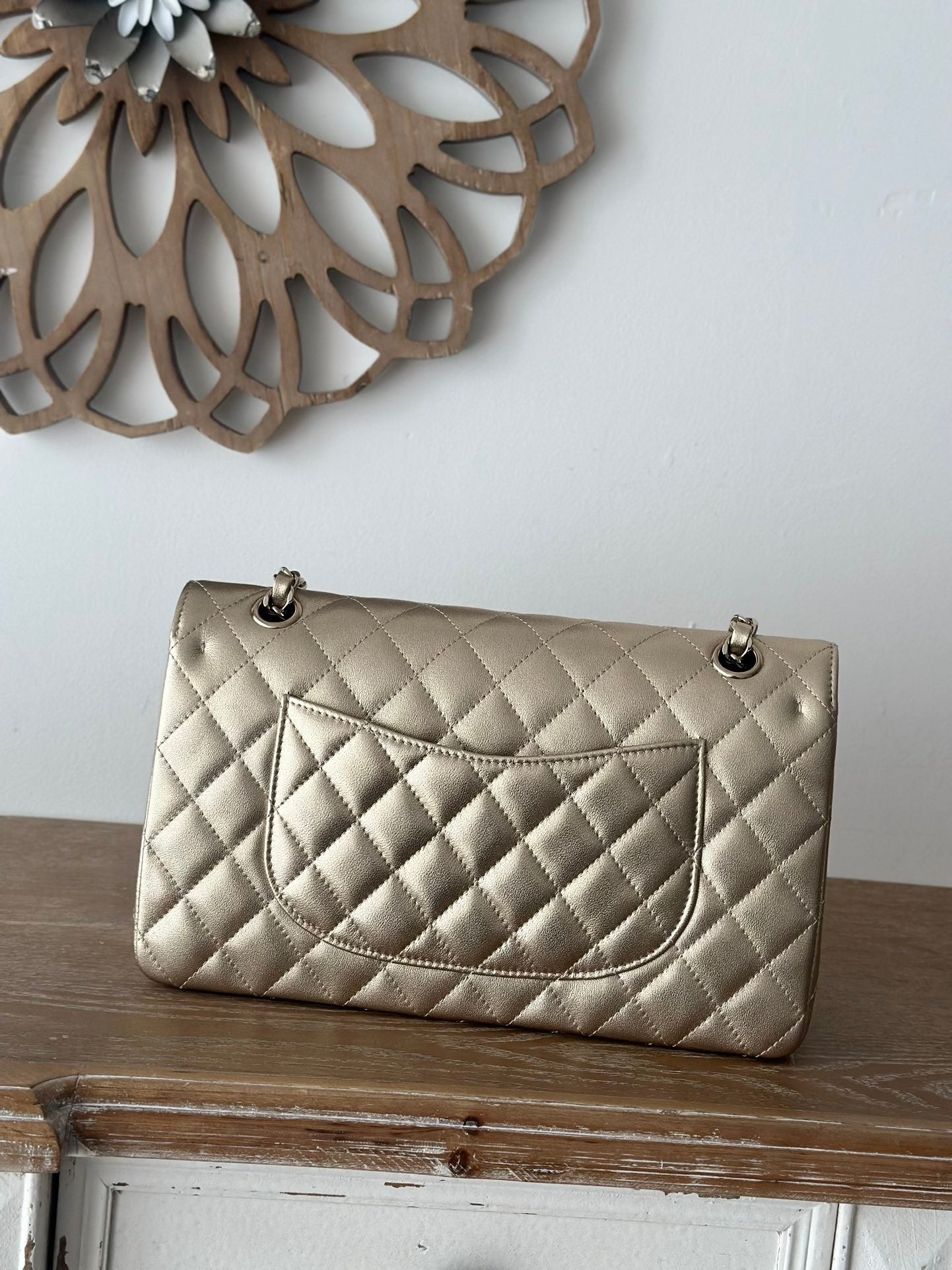 The classic Champagne Gold Chain Flap Bag in new pearlescent colors