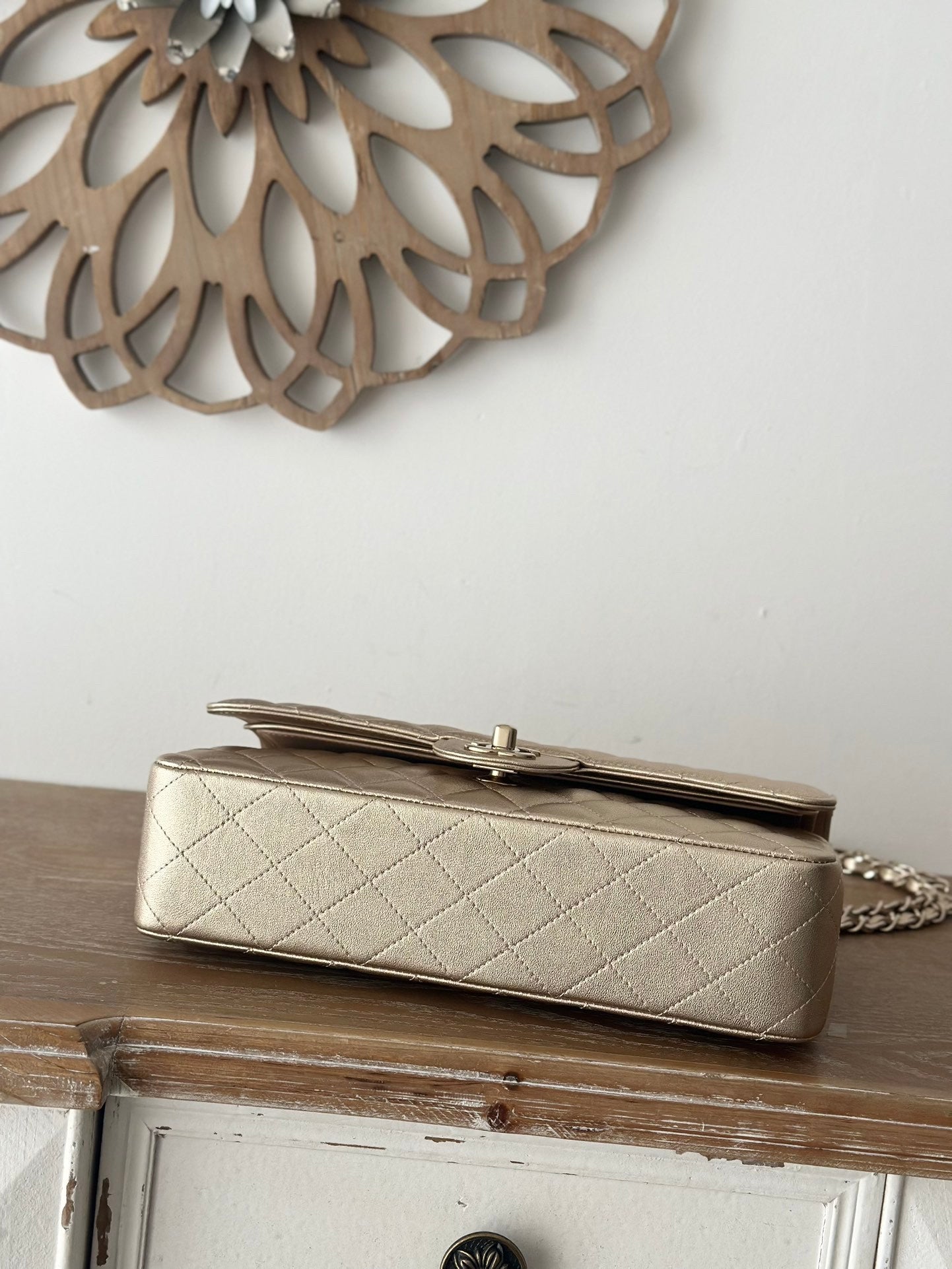The classic Champagne Gold Chain Flap Bag in new pearlescent colors