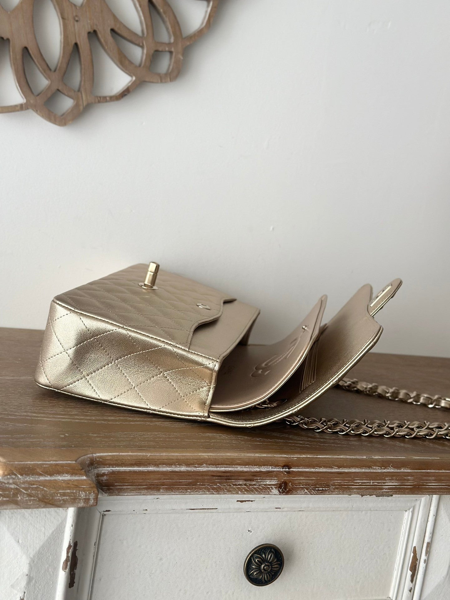 The classic Champagne Gold Chain Flap Bag in new pearlescent colors