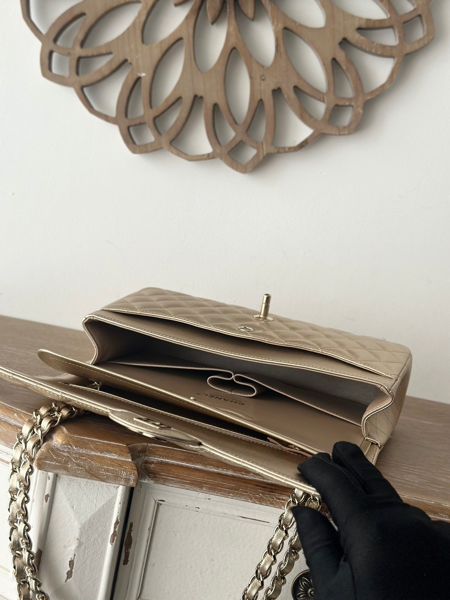 The classic Champagne Gold Chain Flap Bag in new pearlescent colors