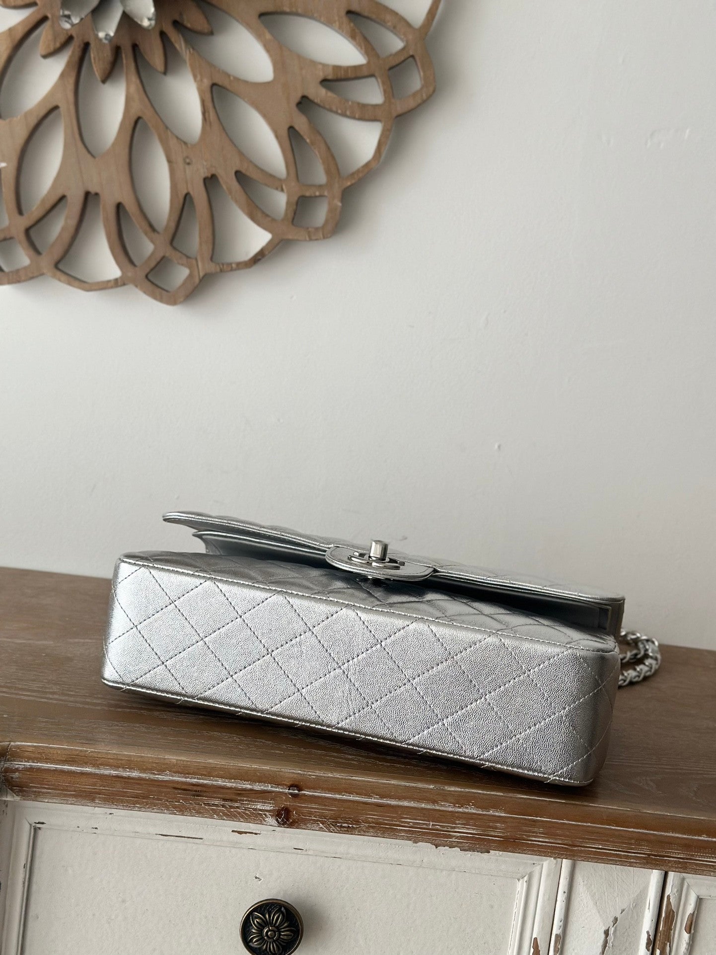 The classic Silver  Chain Flap Bag in new pearlescent colors