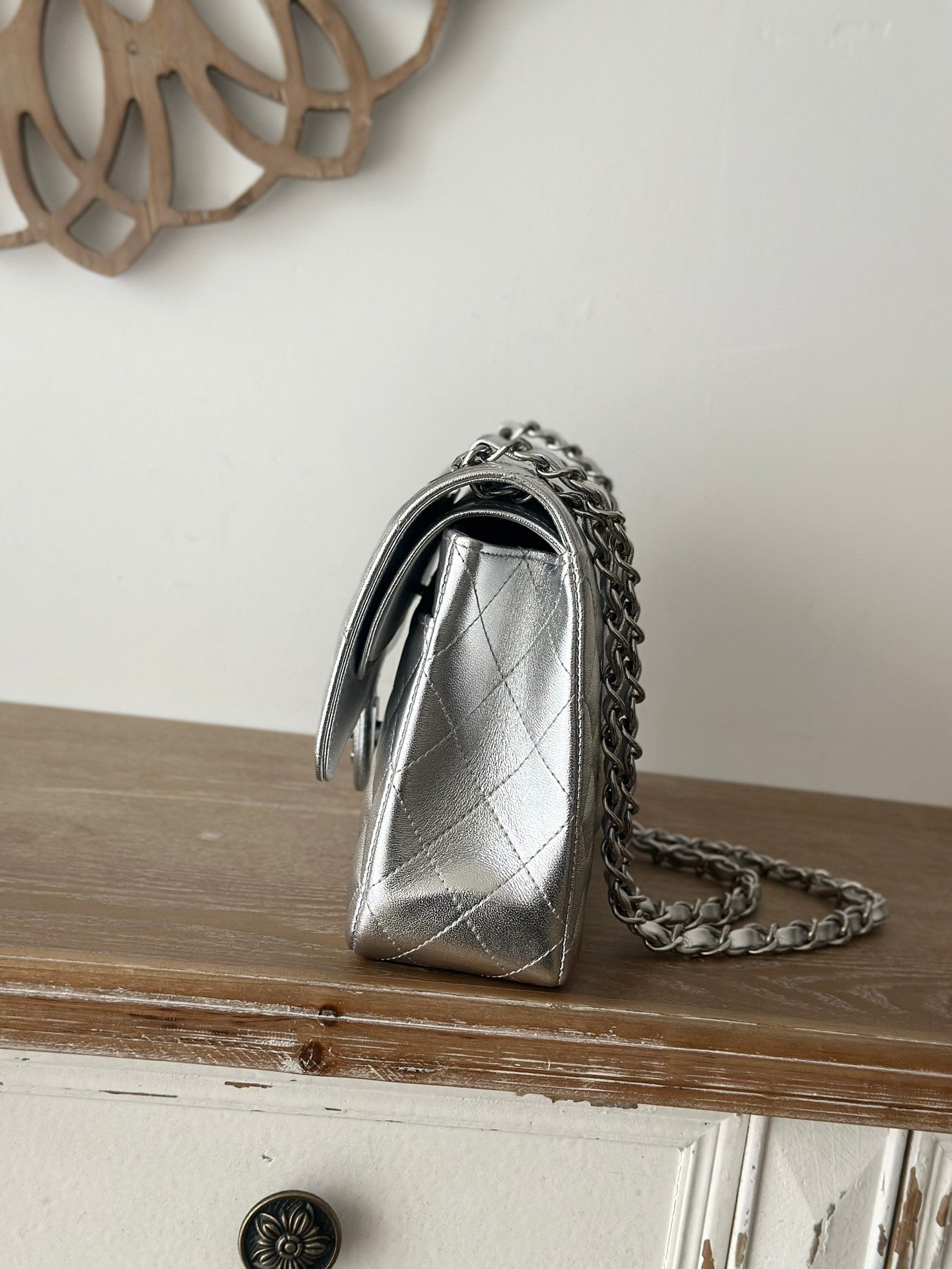 The classic Silver  Chain Flap Bag in new pearlescent colors