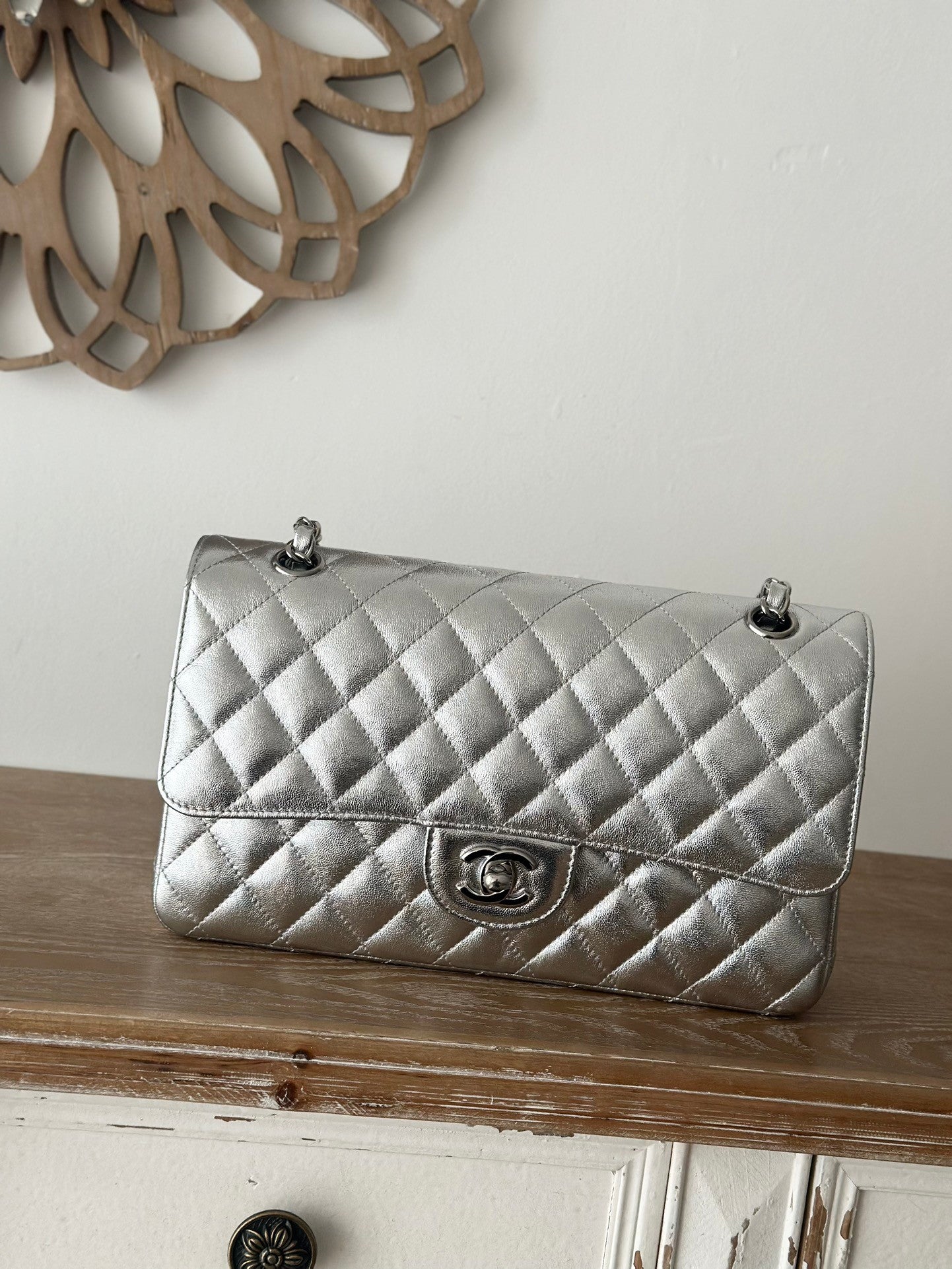 The classic Silver  Chain Flap Bag in new pearlescent colors