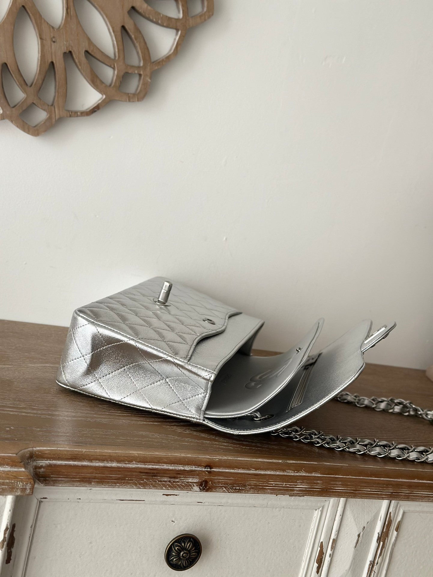 The classic Silver  Chain Flap Bag in new pearlescent colors