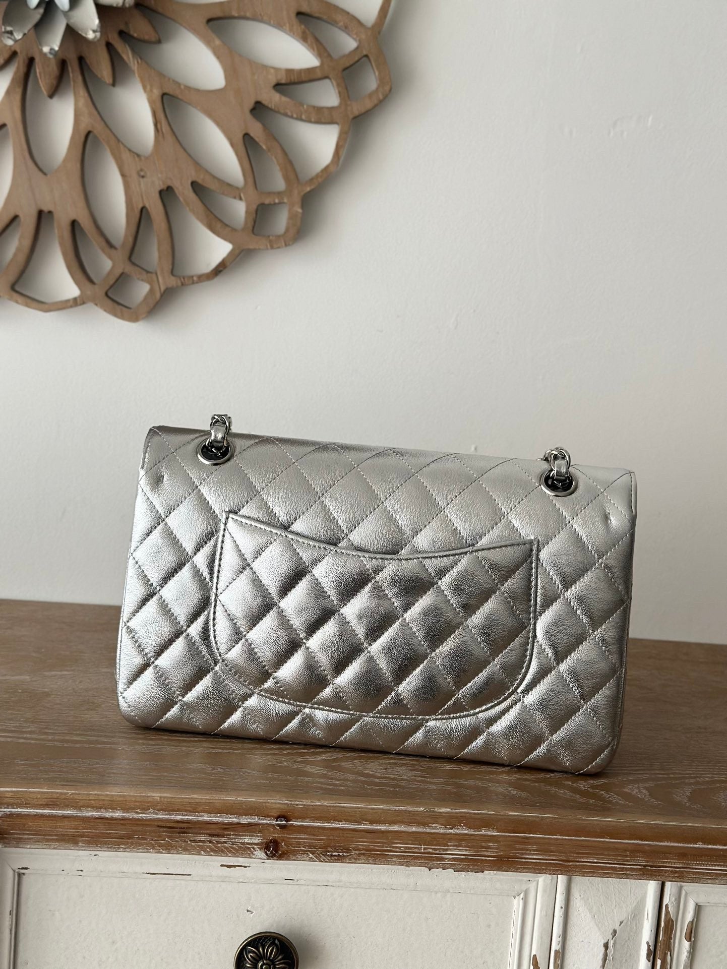 The classic Silver  Chain Flap Bag in new pearlescent colors