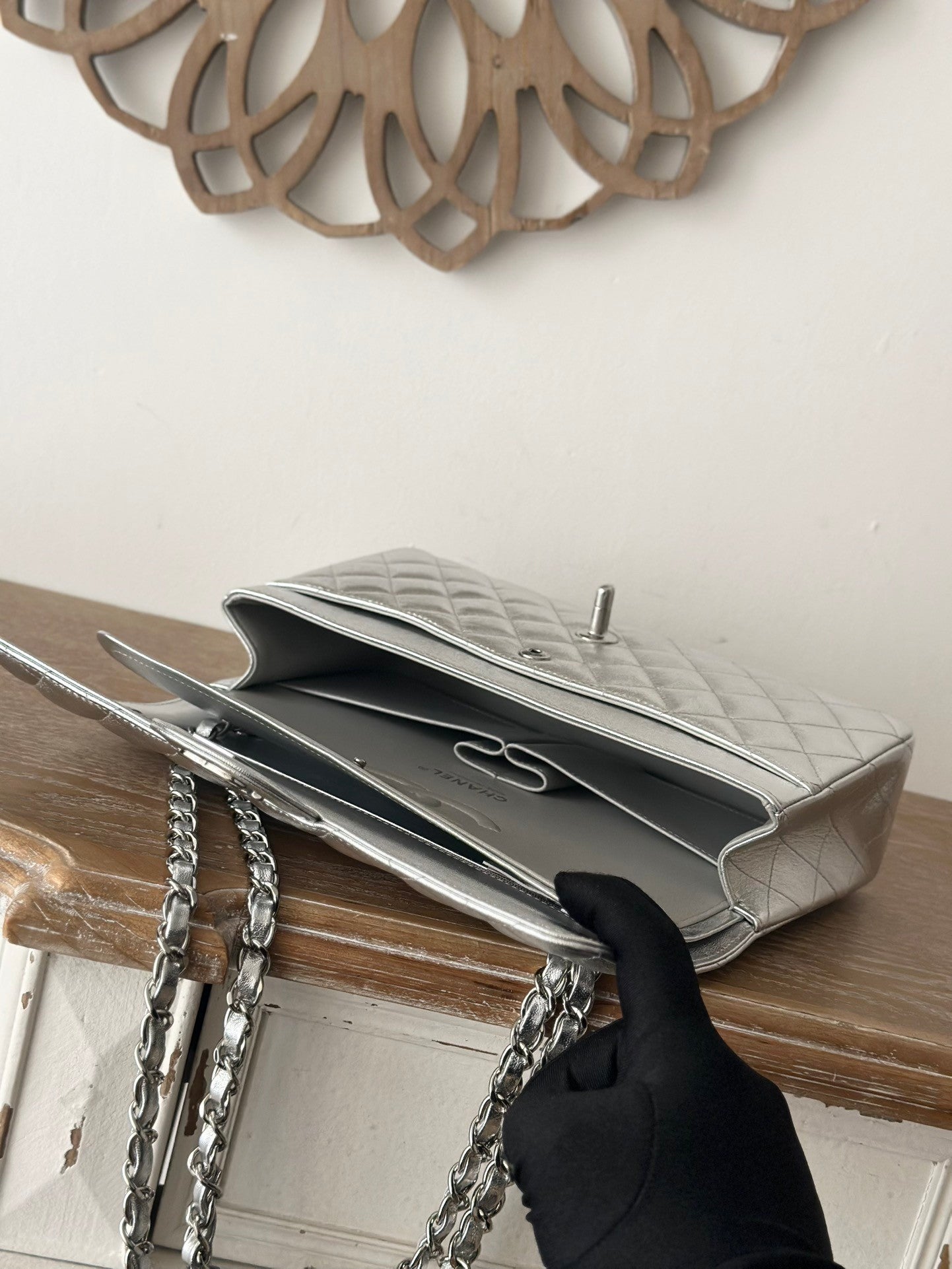 The classic Silver  Chain Flap Bag in new pearlescent colors