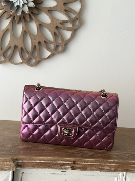 The classic Iridescent Purple  Chain Flap Bag in new pearlescent colors