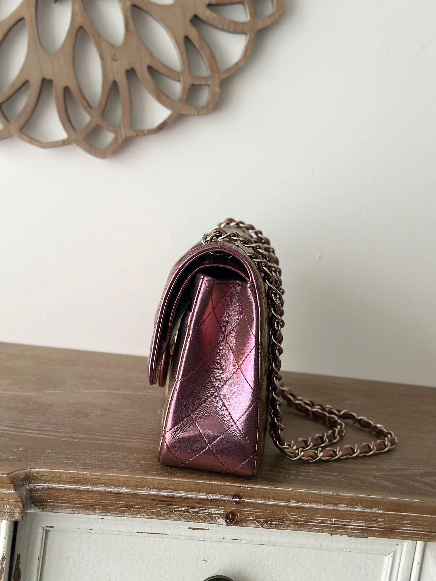 The classic Iridescent Purple  Chain Flap Bag in new pearlescent colors