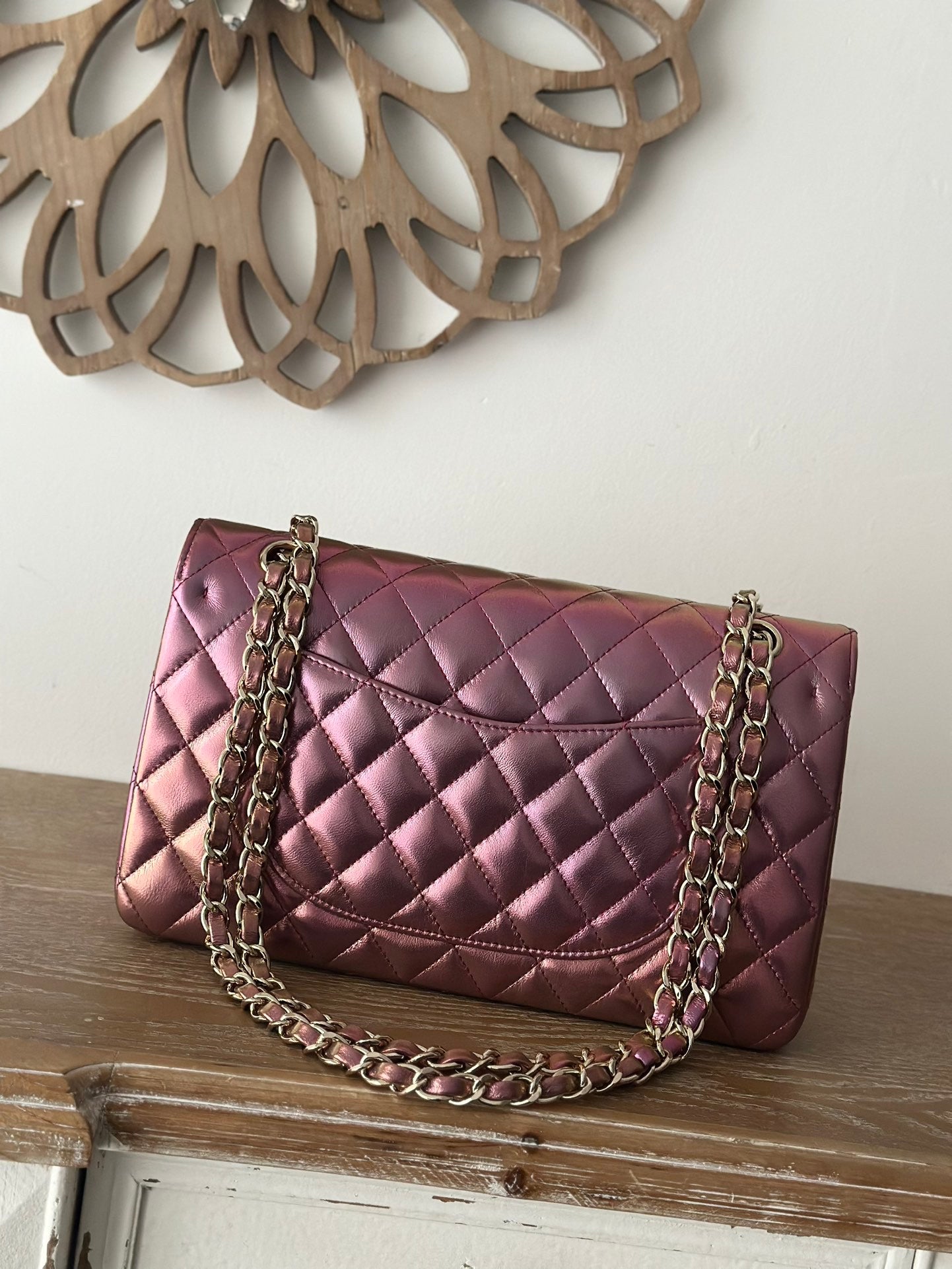 The classic Iridescent Purple  Chain Flap Bag in new pearlescent colors