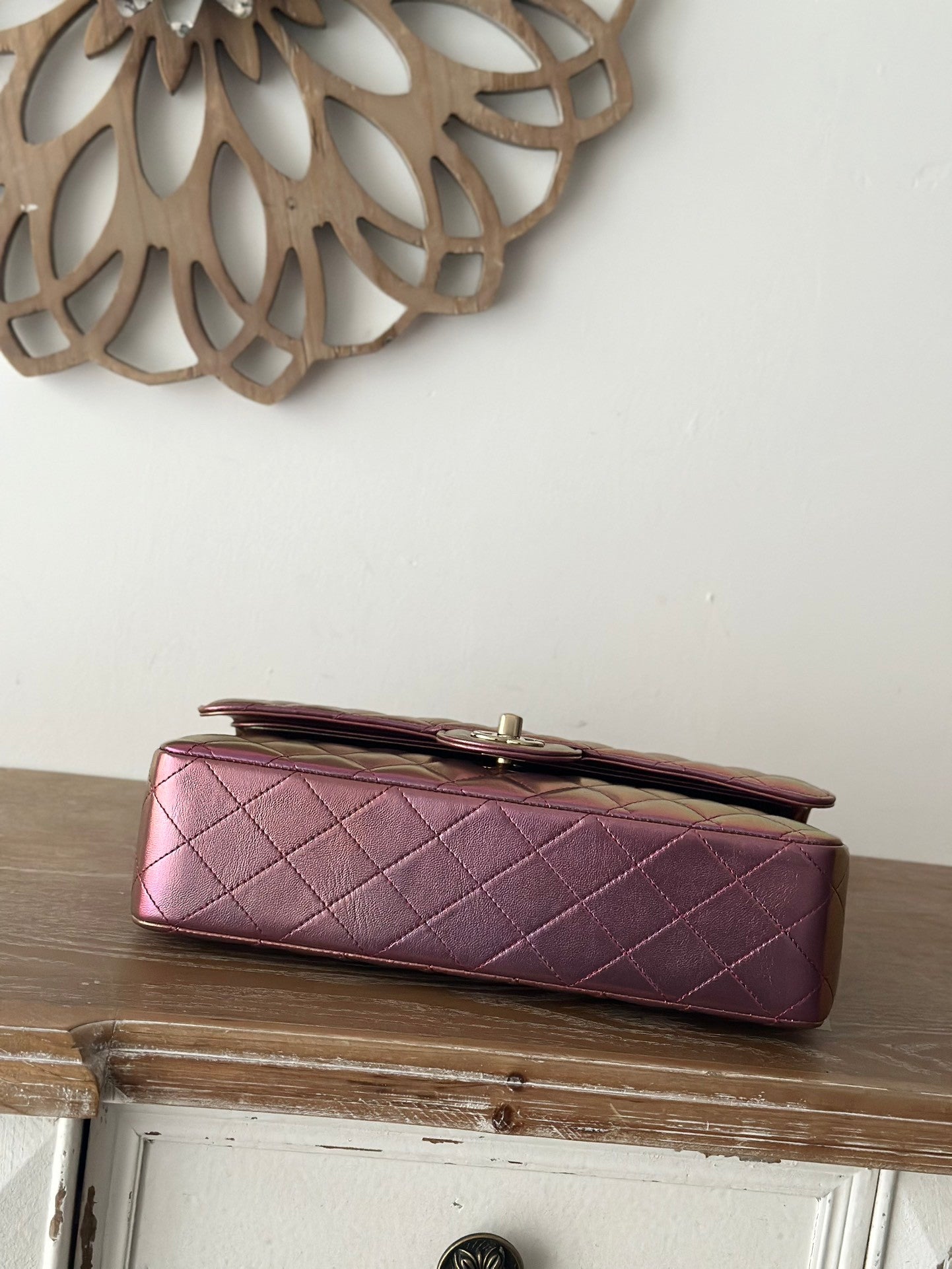 The classic Iridescent Purple  Chain Flap Bag in new pearlescent colors