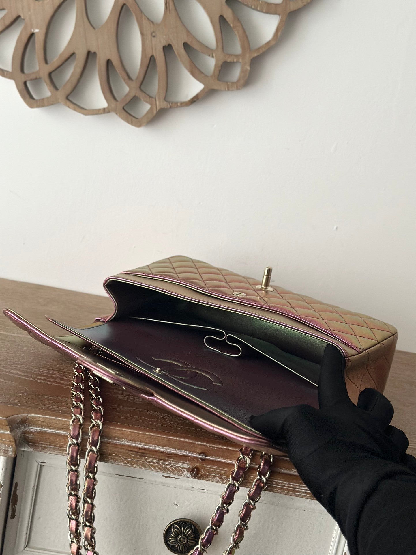 The classic Iridescent Purple  Chain Flap Bag in new pearlescent colors