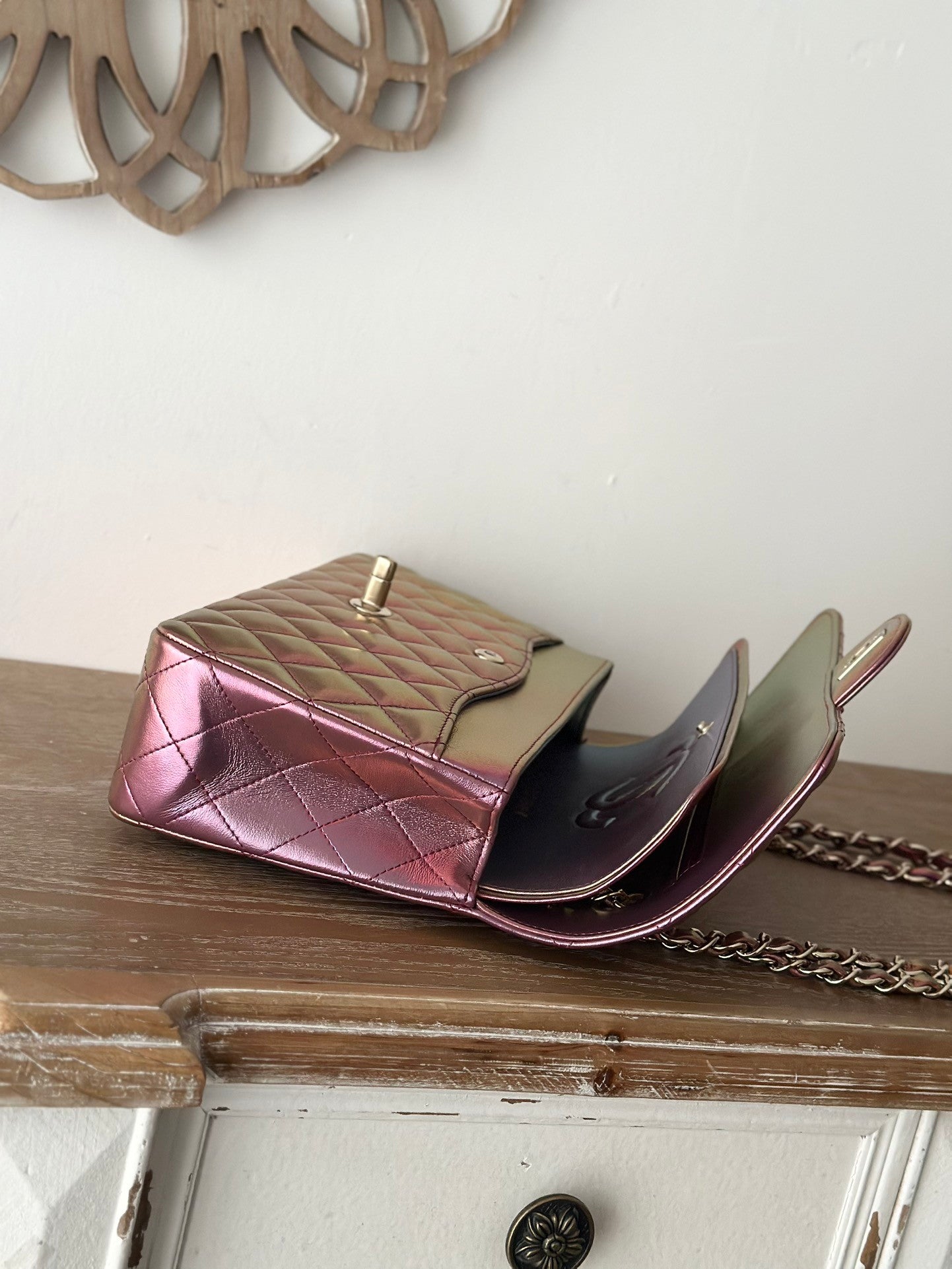 The classic Iridescent Purple  Chain Flap Bag in new pearlescent colors