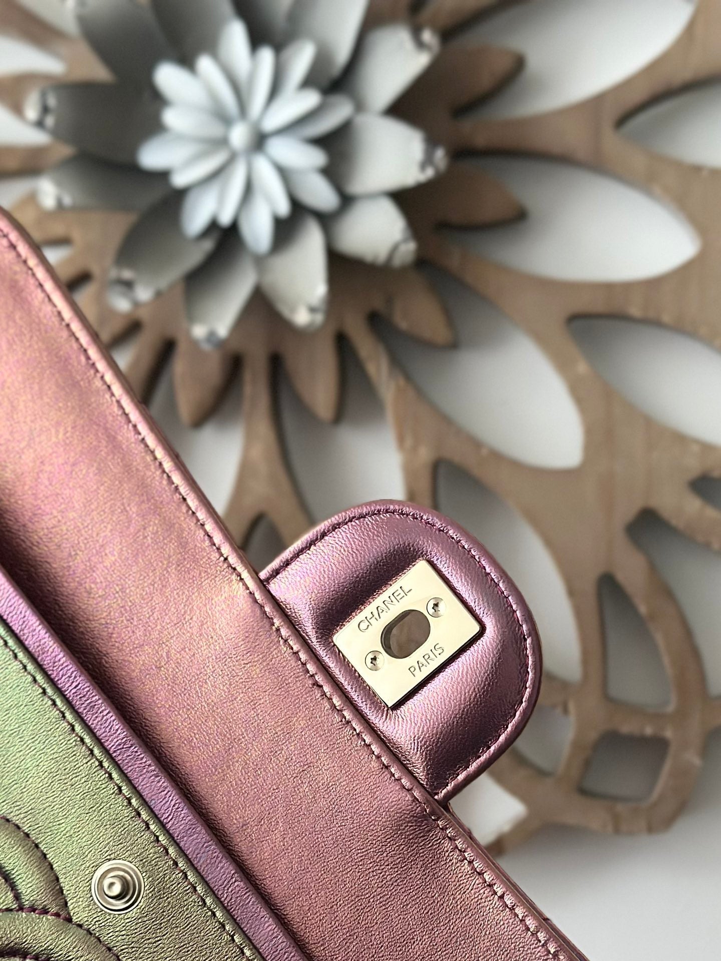 The classic Iridescent Purple  Chain Flap Bag in new pearlescent colors