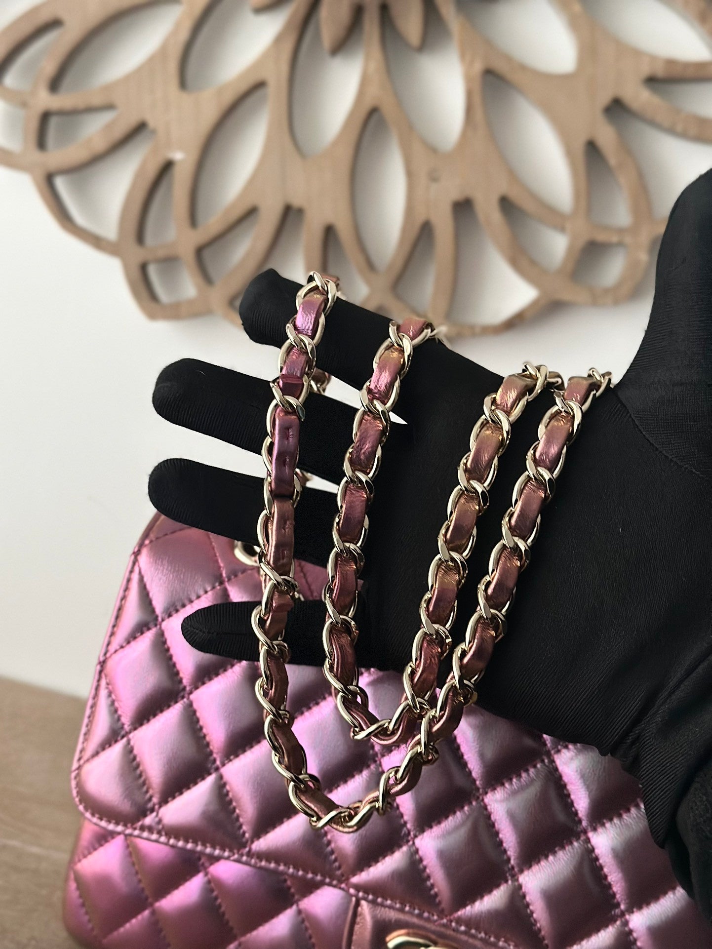 The classic Iridescent Purple  Chain Flap Bag in new pearlescent colors