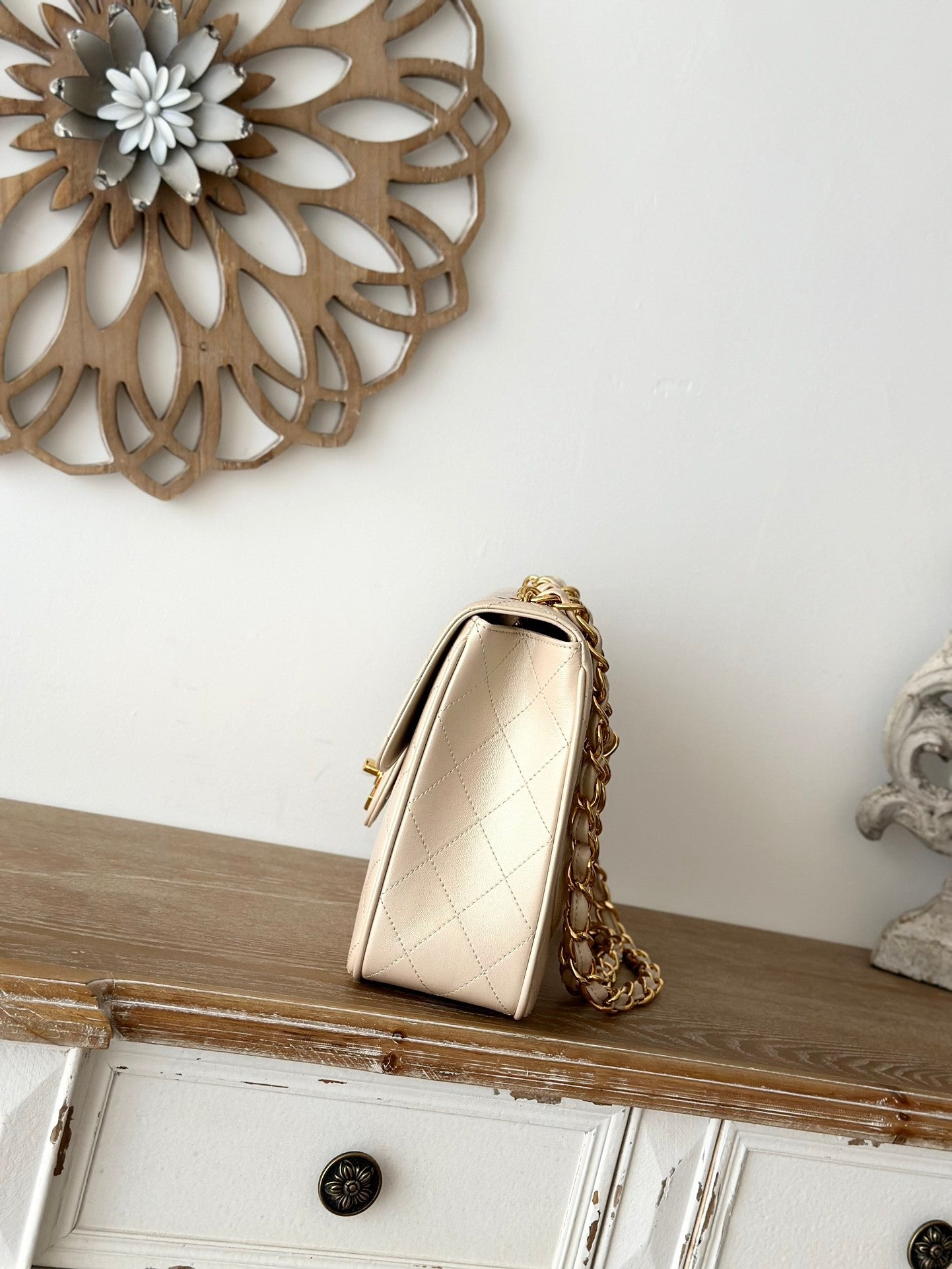 beige  lambskin Quilted Flap Chain Bag