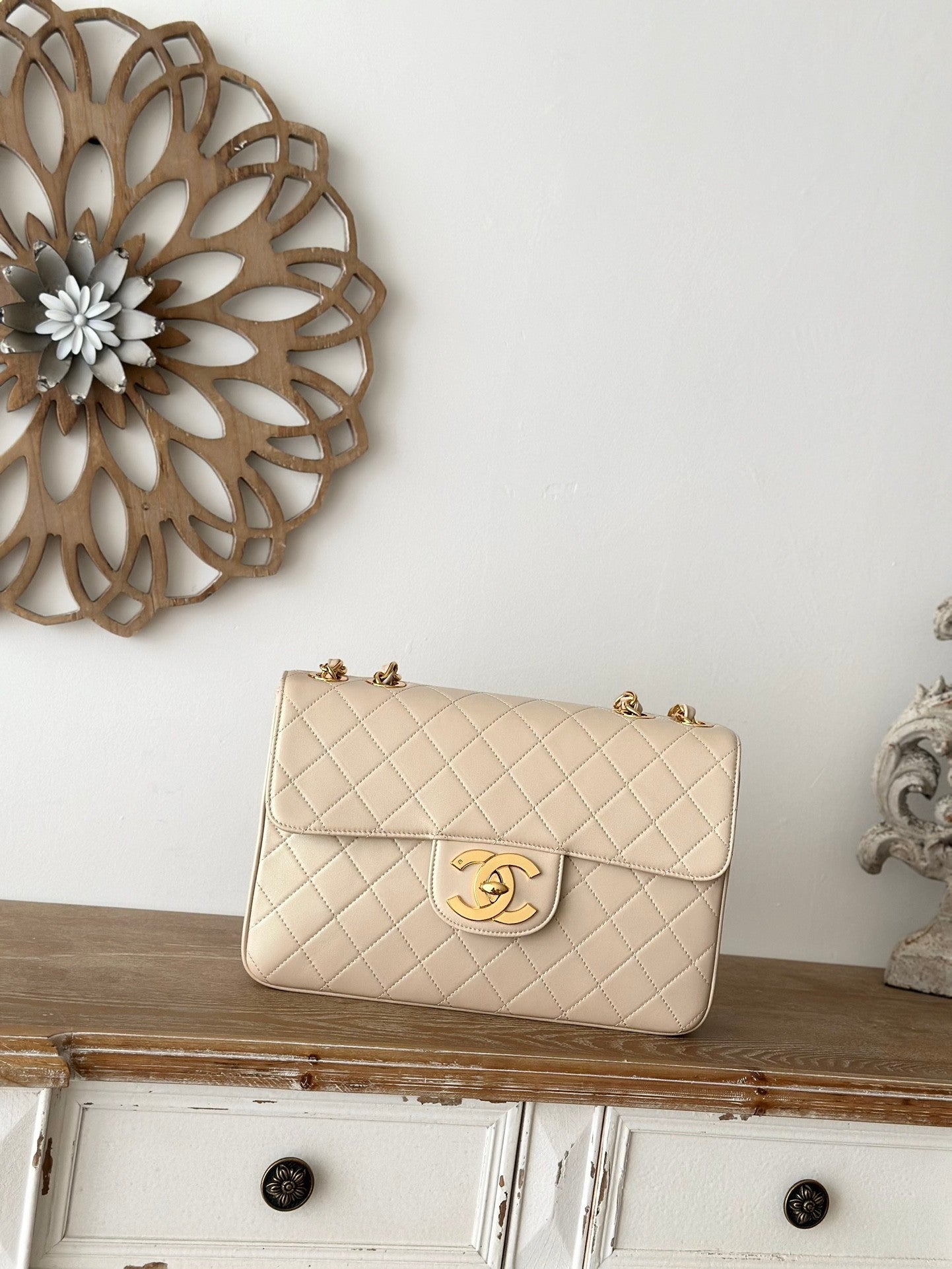 beige  lambskin Quilted Flap Chain Bag