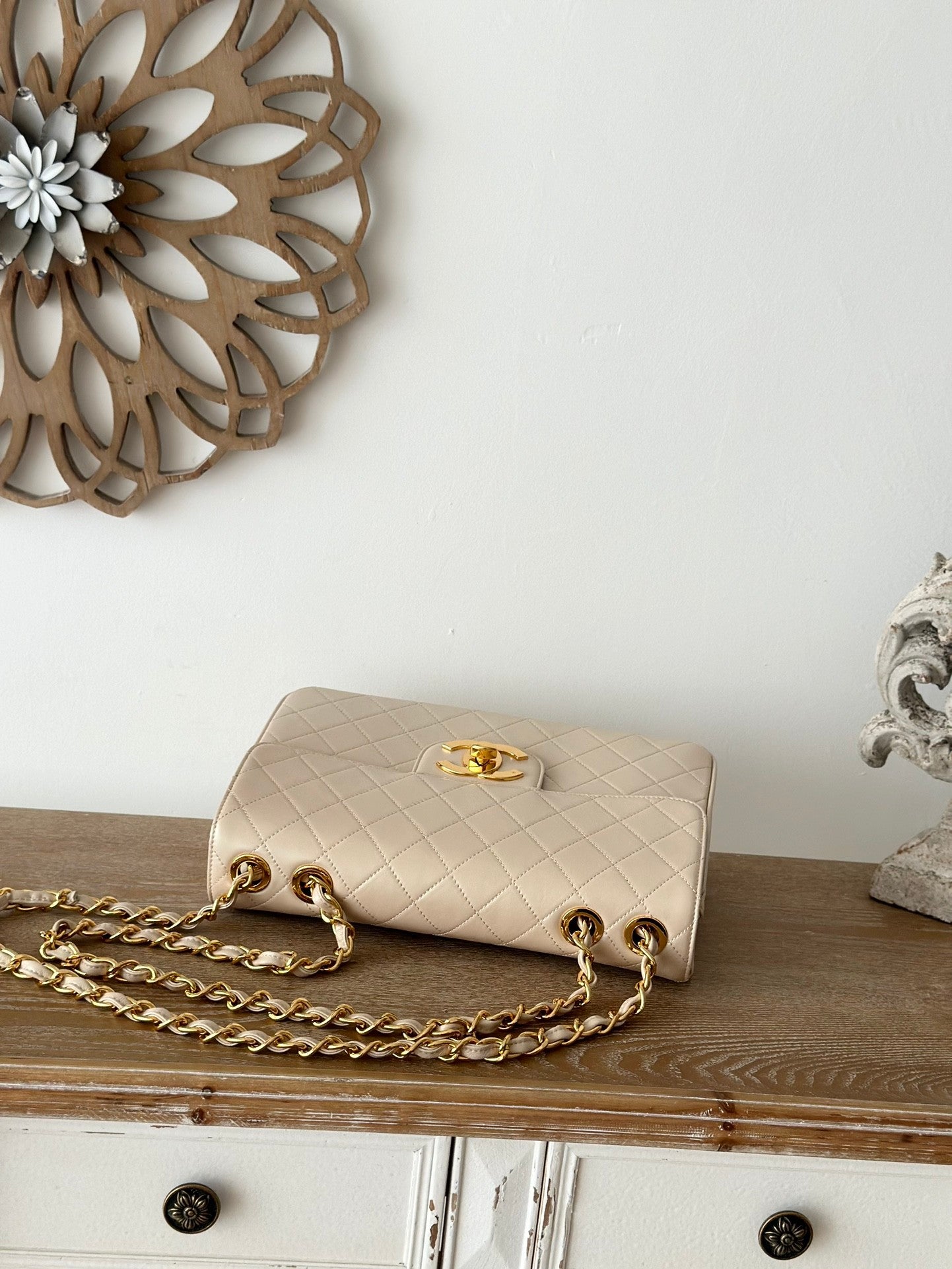 beige  lambskin Quilted Flap Chain Bag
