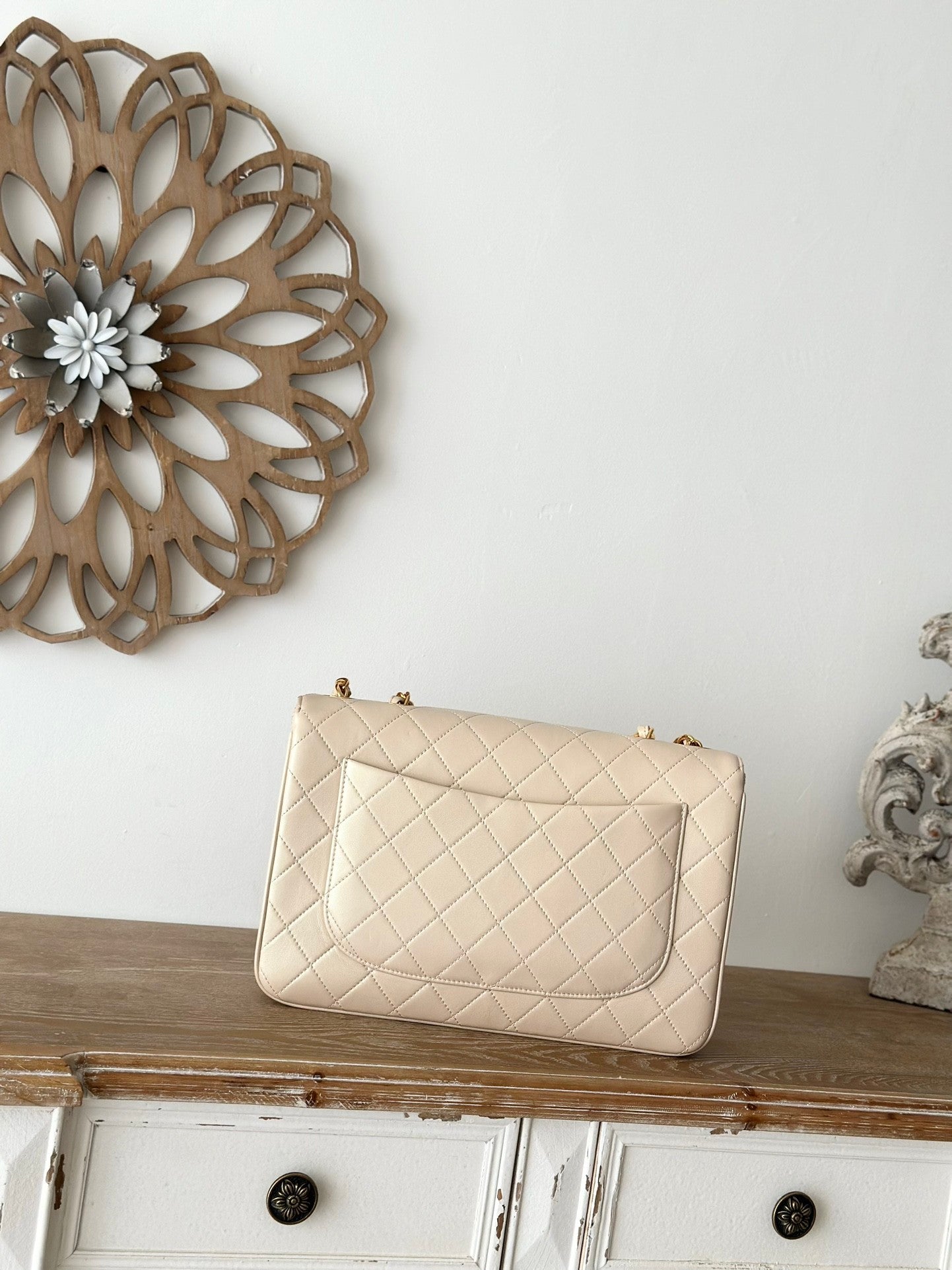 beige  lambskin Quilted Flap Chain Bag