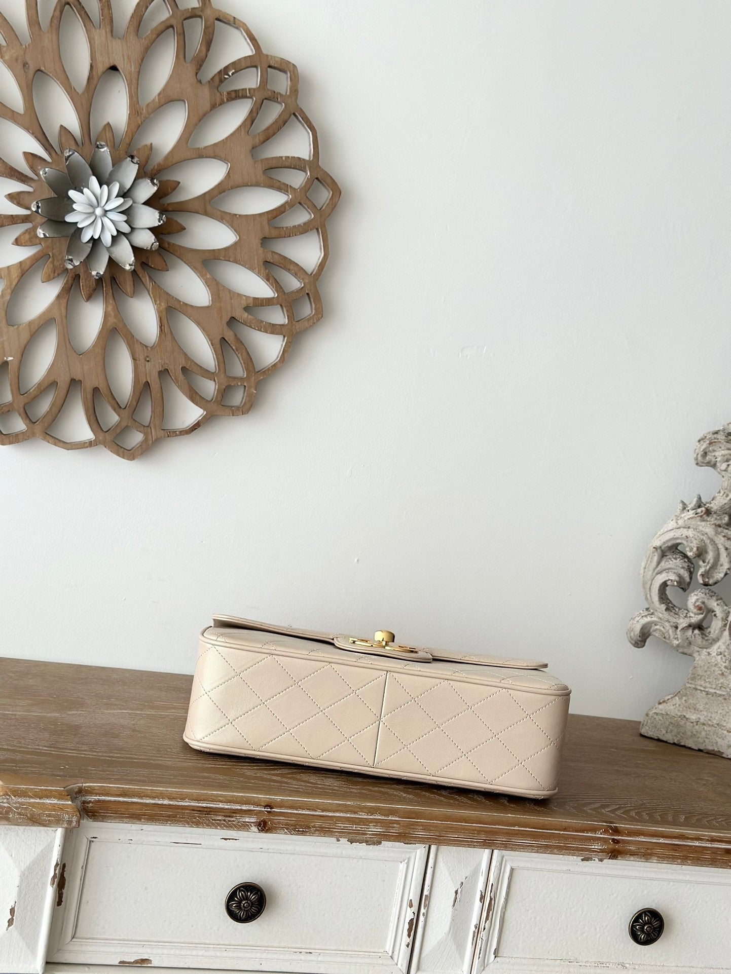 beige  lambskin Quilted Flap Chain Bag