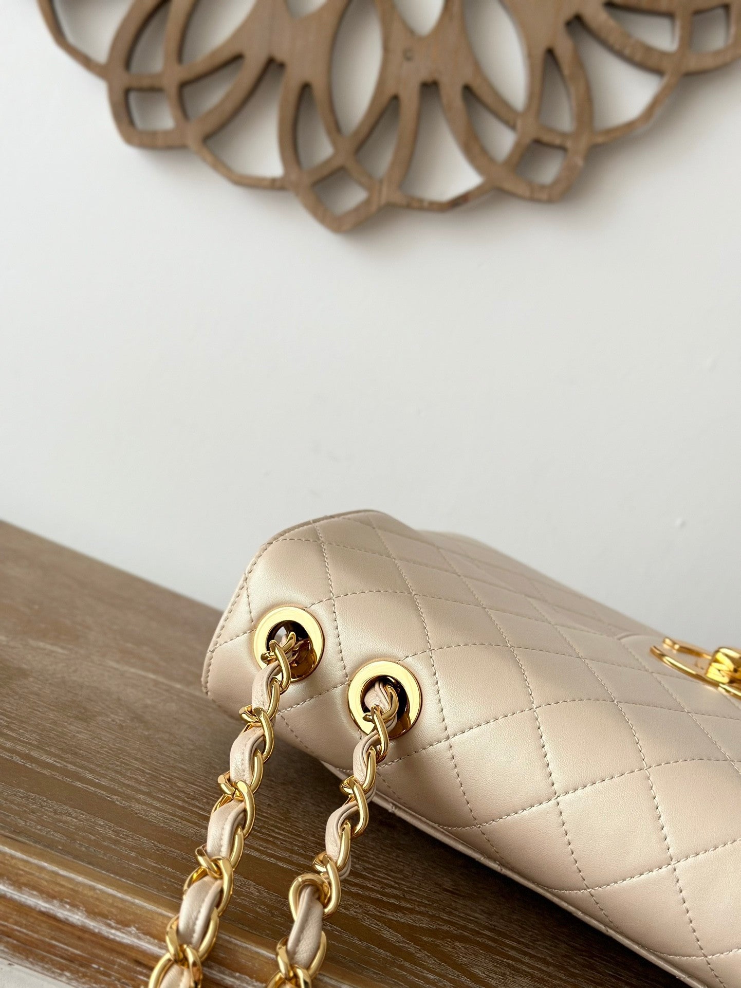 beige  lambskin Quilted Flap Chain Bag