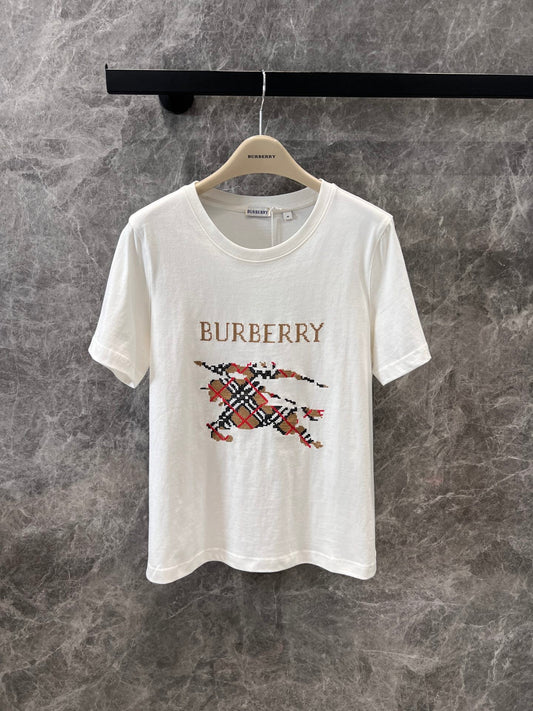 Round-neck Short-sleeved T-shirt with Knight and War Horse Embroidery