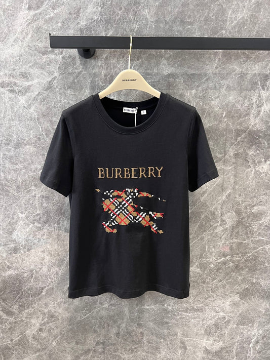 Round-neck Short-sleeved T-shirt with Knight and War Horse Embroidery