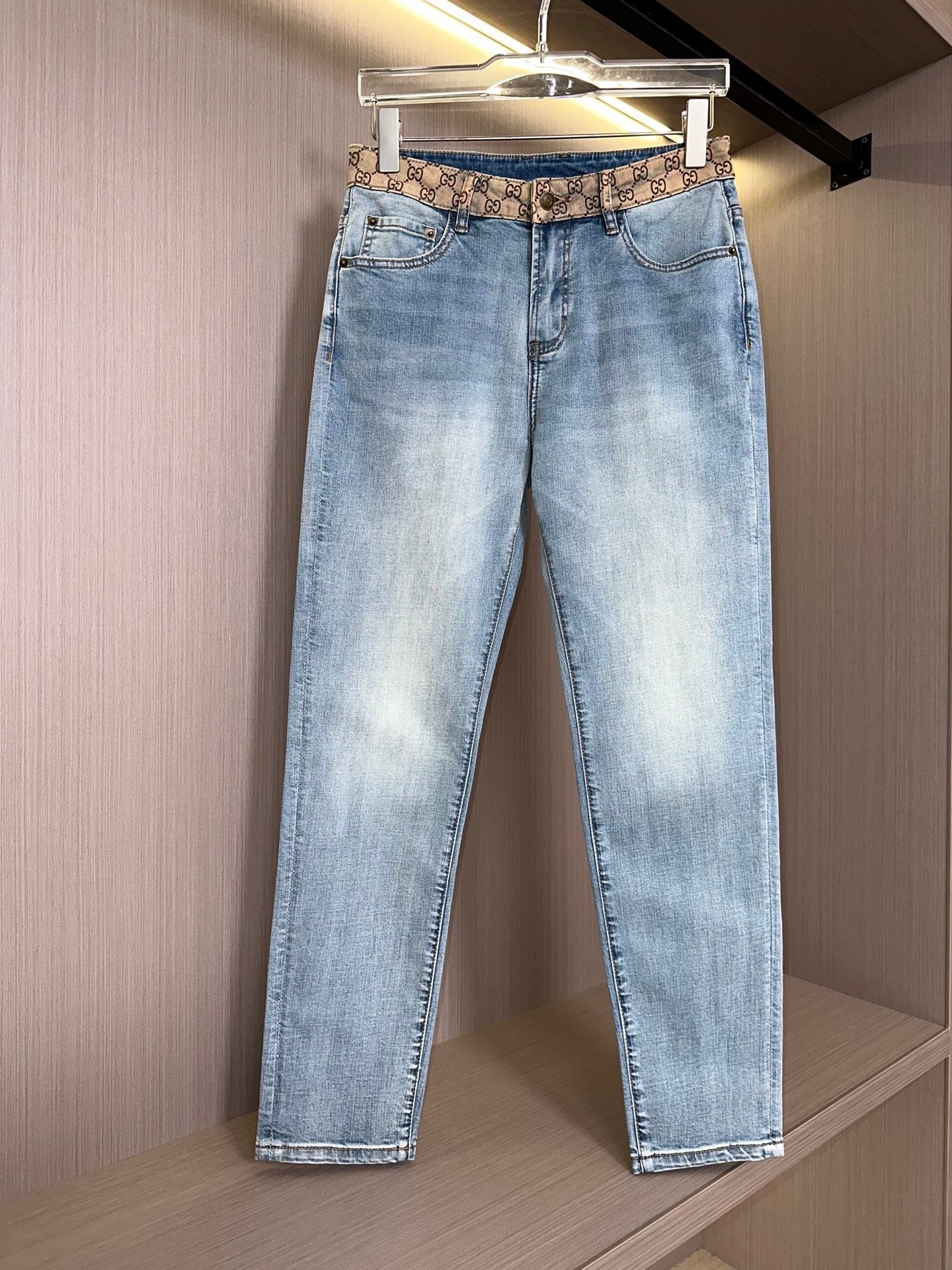 Light blue straight - leg long denim jeans