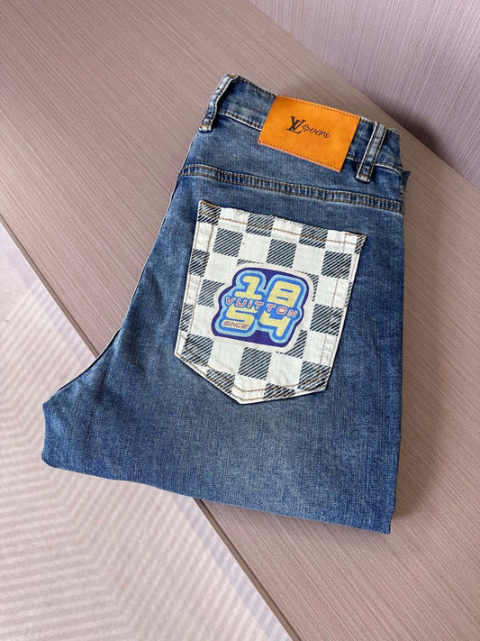 Blue Denim Jeans with Checkered Pocket Detail