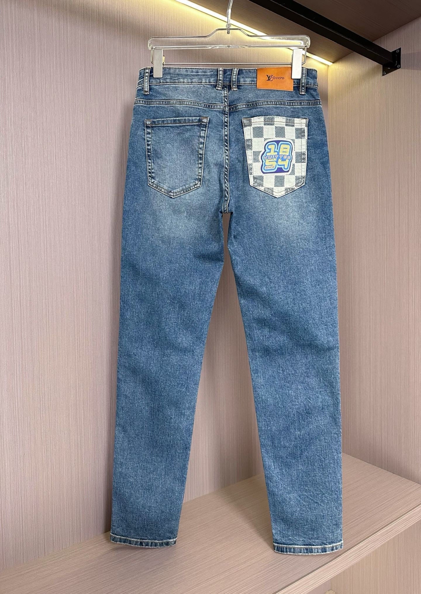 Blue Denim Jeans with Checkered Pocket Detail