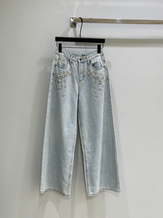 Beaded Straight Wide - leg Jeans
