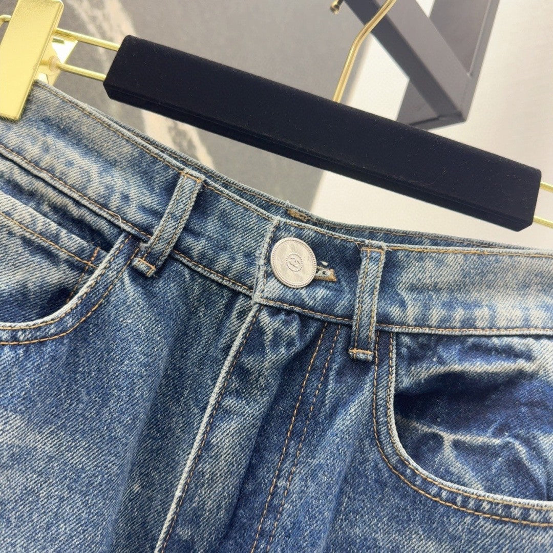 Jeans with Intricate Feather and Rhinestone Embroidery