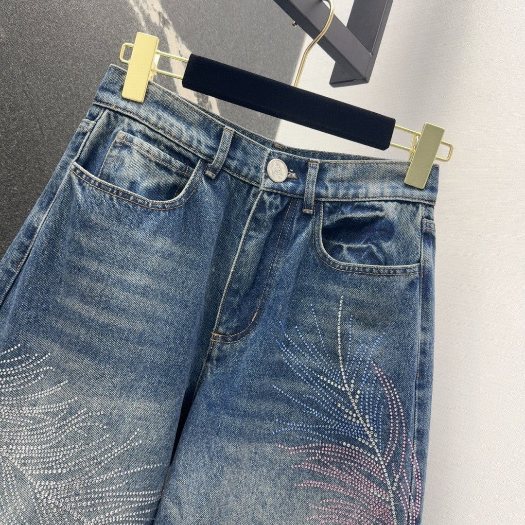 Jeans with Intricate Feather and Rhinestone Embroidery