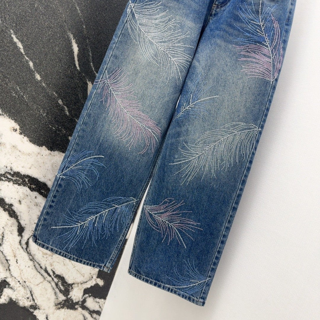 Jeans with Intricate Feather and Rhinestone Embroidery