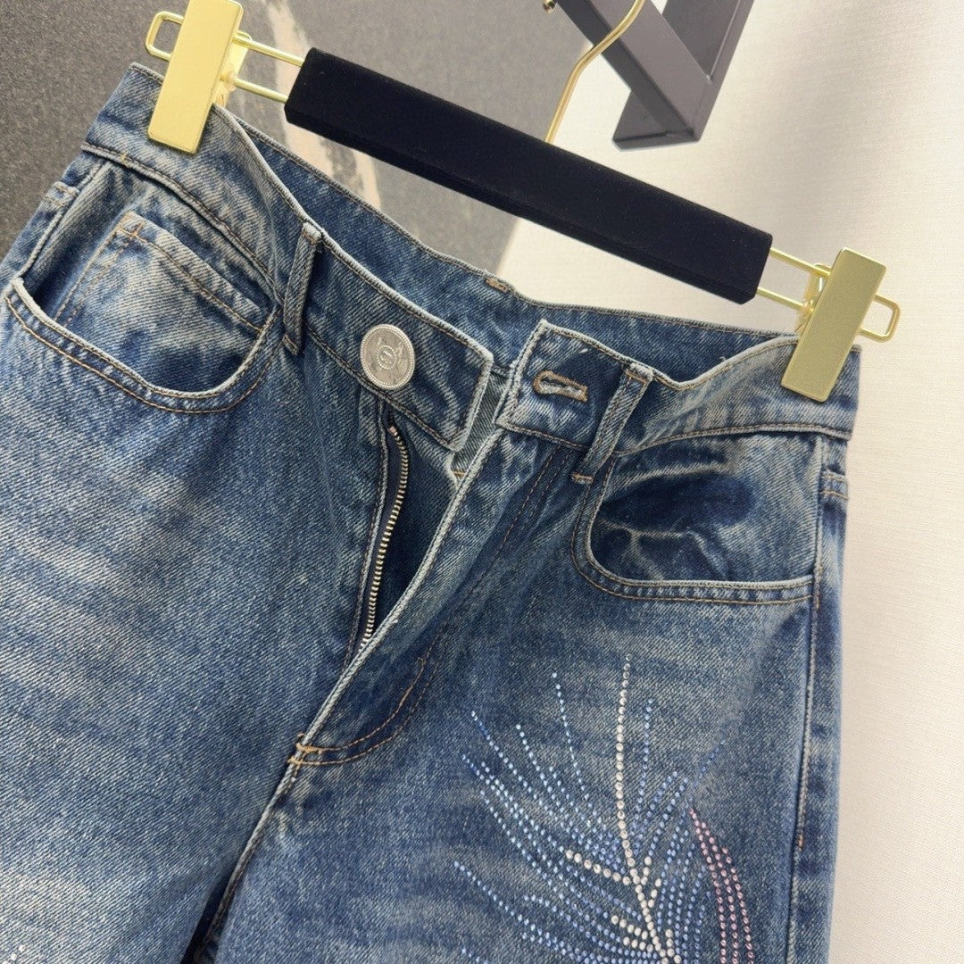 Jeans with Intricate Feather and Rhinestone Embroidery