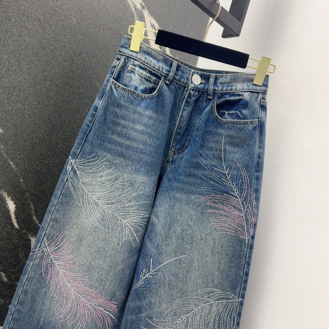 Jeans with Intricate Feather and Rhinestone Embroidery