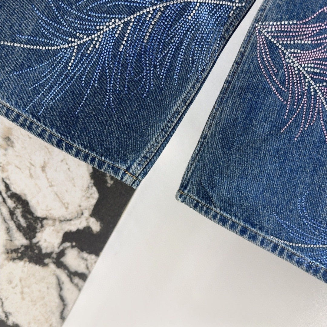 Jeans with Intricate Feather and Rhinestone Embroidery