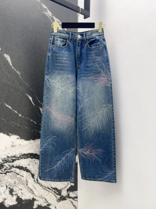 Jeans with Intricate Feather and Rhinestone Embroidery